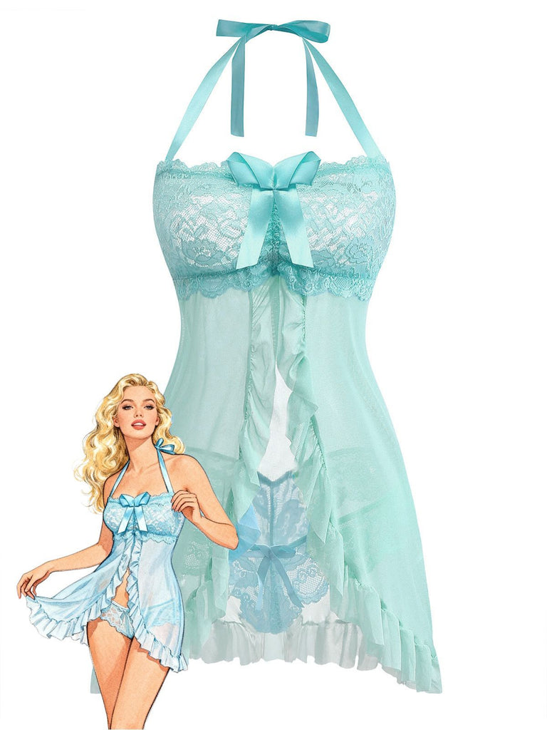 Women's Bow Halter Lace Babydoll Negligee with Panties Aqua Blue Women's Bow Halter Lace Babydoll Negligee with Panties Aqua Blue