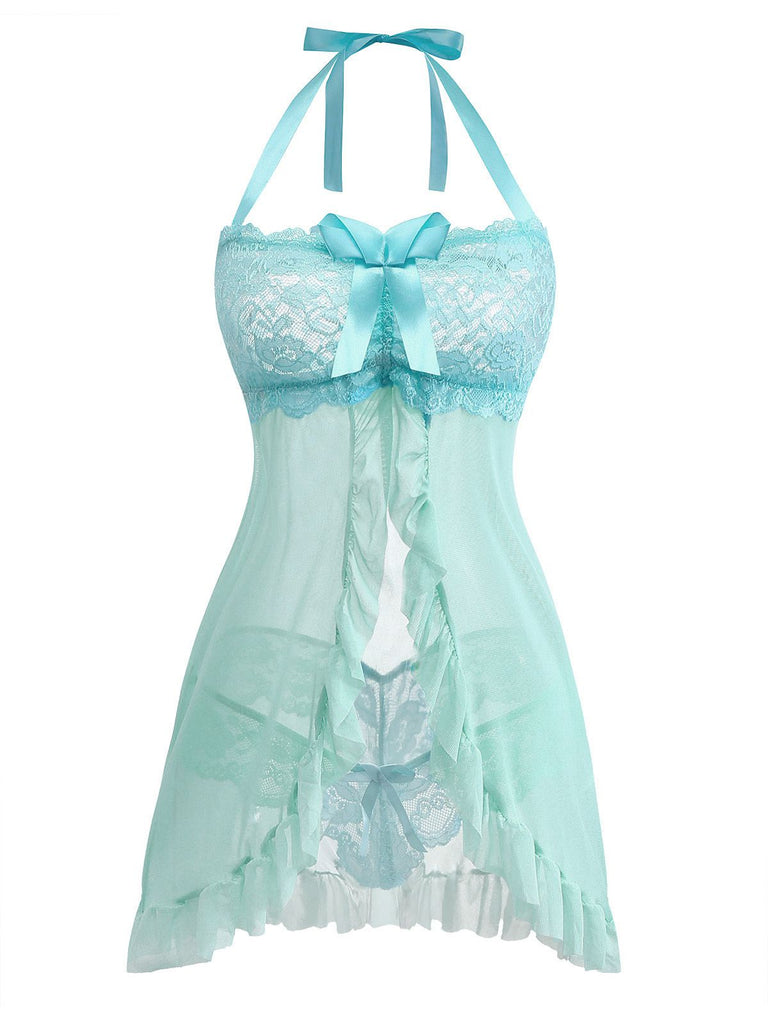 Women's Bow Halter Lace Babydoll Negligee with Panties Aqua Blue Women's Bow Halter Lace Babydoll Negligee with Panties Aqua Blue