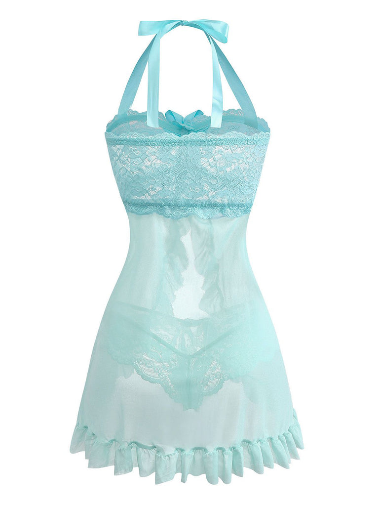 Women's Bow Halter Lace Babydoll Negligee with Panties Aqua Blue Women's Bow Halter Lace Babydoll Negligee with Panties Aqua Blue