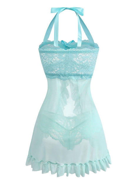 Women's Bow Halter Lace Babydoll Negligee with Panties Aqua Blue
