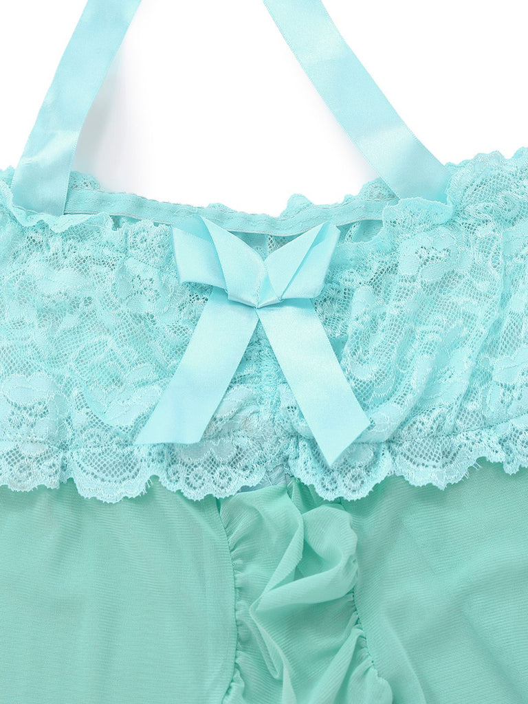 Aqua Blue 1980s Lace Bow Lingerie Set, classic vintage style elegant retro fashion - Image 4