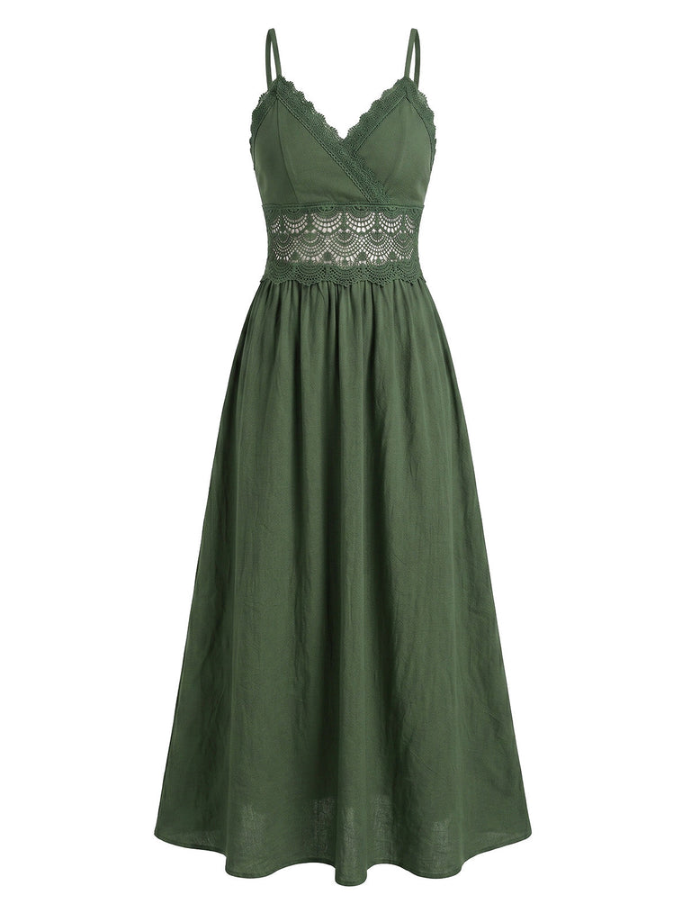 Army Green 1950s Lace V-Neck Backless Spaghetti Strap Dress, vintage dress, retro fashion, rockabilly, pin-up fashion - perfect for women who love vintage and retro fashion