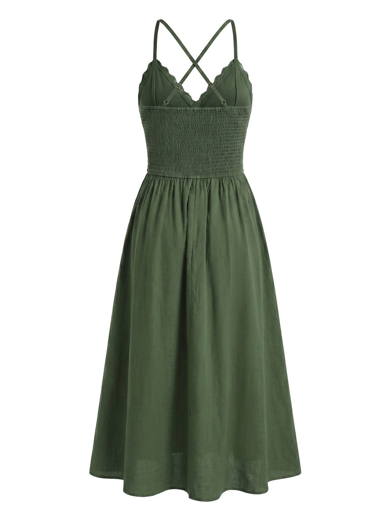 Army Green 1950s Lace V-Neck Backless Spaghetti Strap Dress, vintage dress, retro fashion, rockabilly, pin-up fashion - perfect for women who love vintage and retro fashion