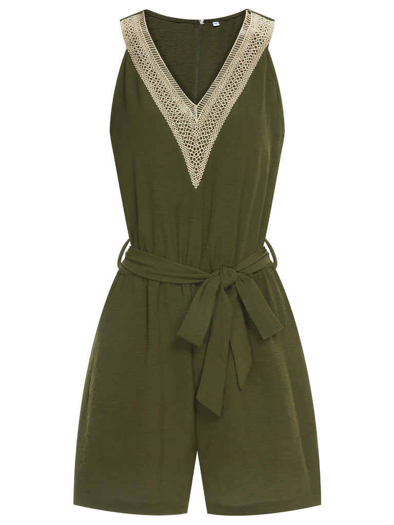 She finds her 1950s story in this Army Green 1950s Lace V-Neck Patchwork Romper