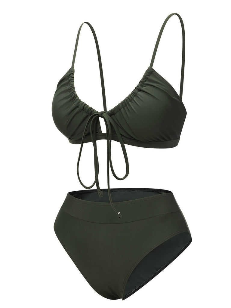 Army Green 1950s Solid Drawstring Halter Bikini, vintage swimsuit, pin-up swimwear - perfect for women who love vintage and retro fashion