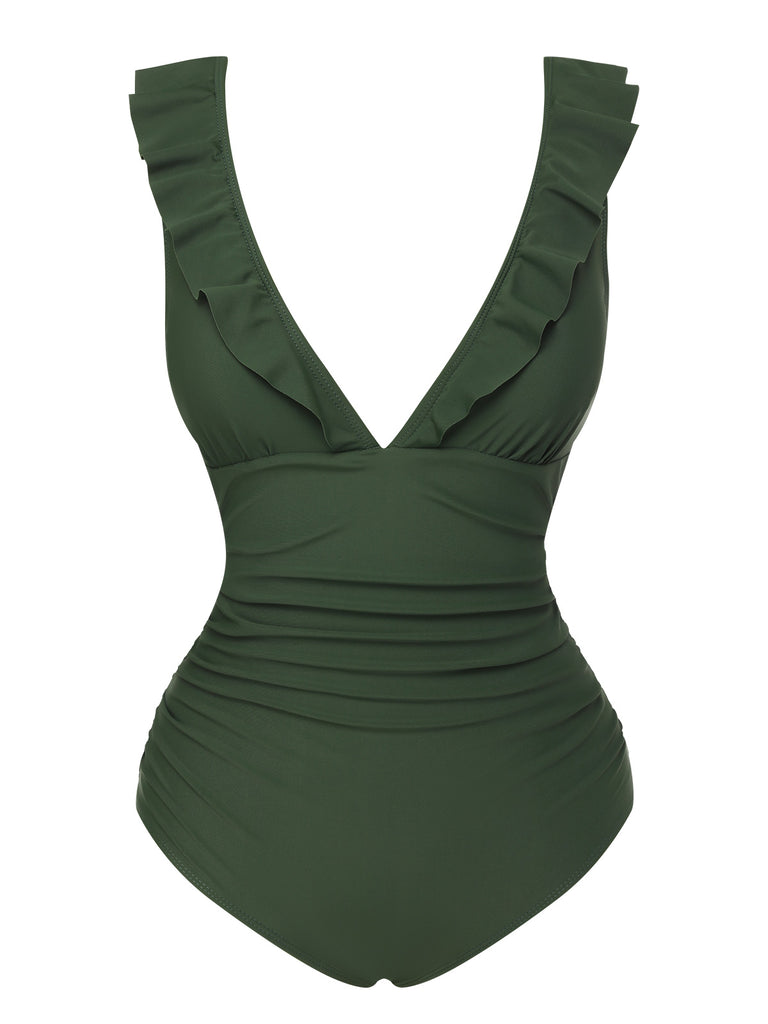 Army Green 1950s Solid Ruffles V-Neck Swimsuit, vintage swimsuit, pin-up swimwear - perfect for women who love vintage and retro fashion