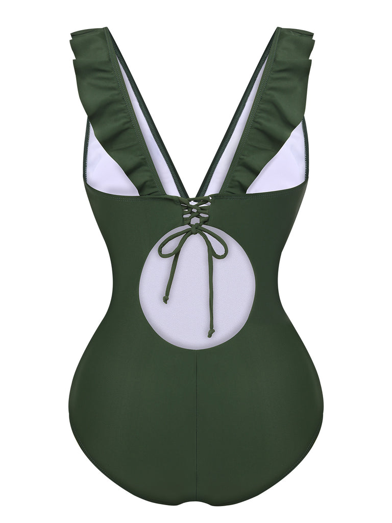 Army Green 1950s Solid Ruffles V-Neck Swimsuit, vintage swimsuit, pin-up swimwear - perfect for women who love vintage and retro fashion