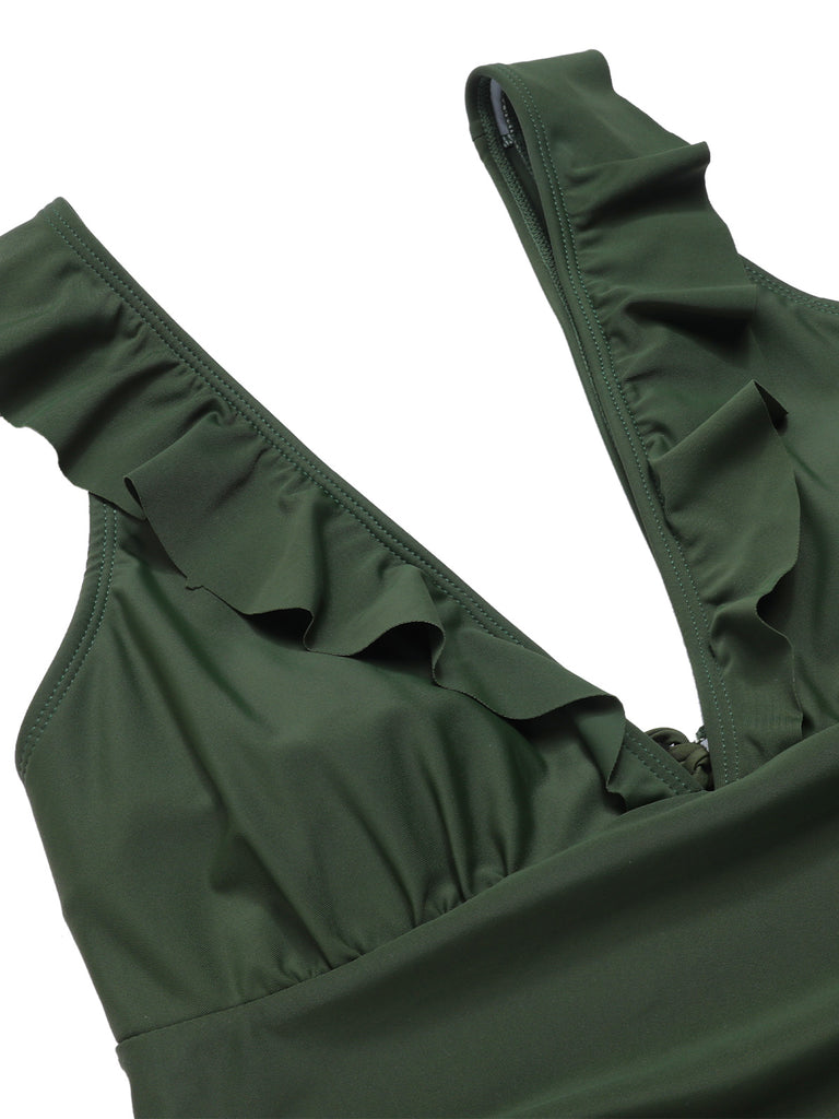 Army Green 1950s Solid Ruffles V-Neck Swimsuit, vintage swimsuit, pin-up swimwear - perfect for women who love vintage and retro fashion
