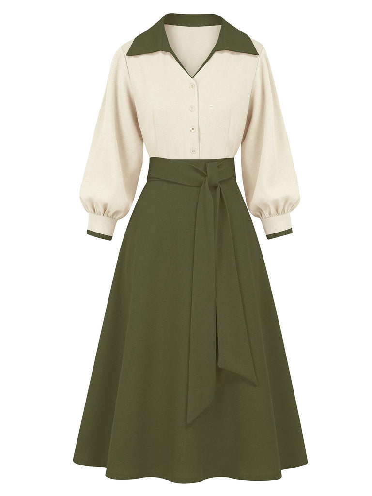 Vintage-style outfit with cream blouse and green skirt on a white background