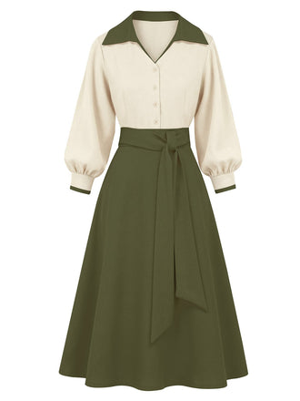 Vintage-style outfit with cream blouse and green skirt on a white background