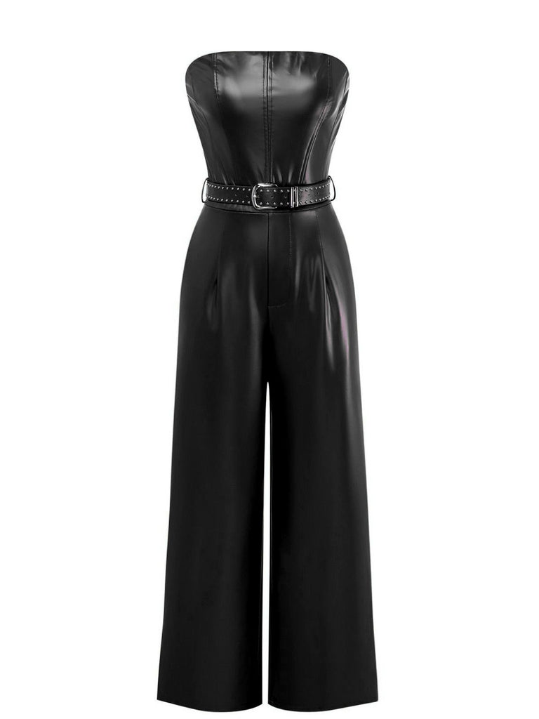 1940s PU Leather Belted Strapless Jumpsuit