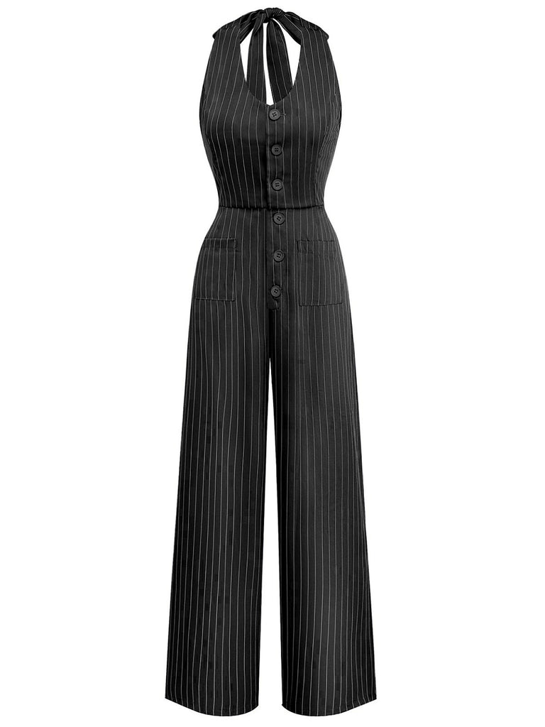 1940s V-Neck Halter Buttoned Pinstripe Jumpsuit