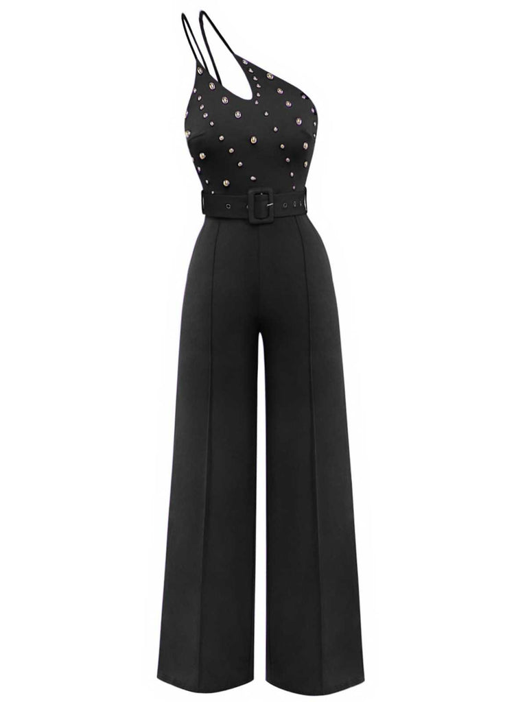 1970s One-Shoulder Studded Belted Jumpsuit