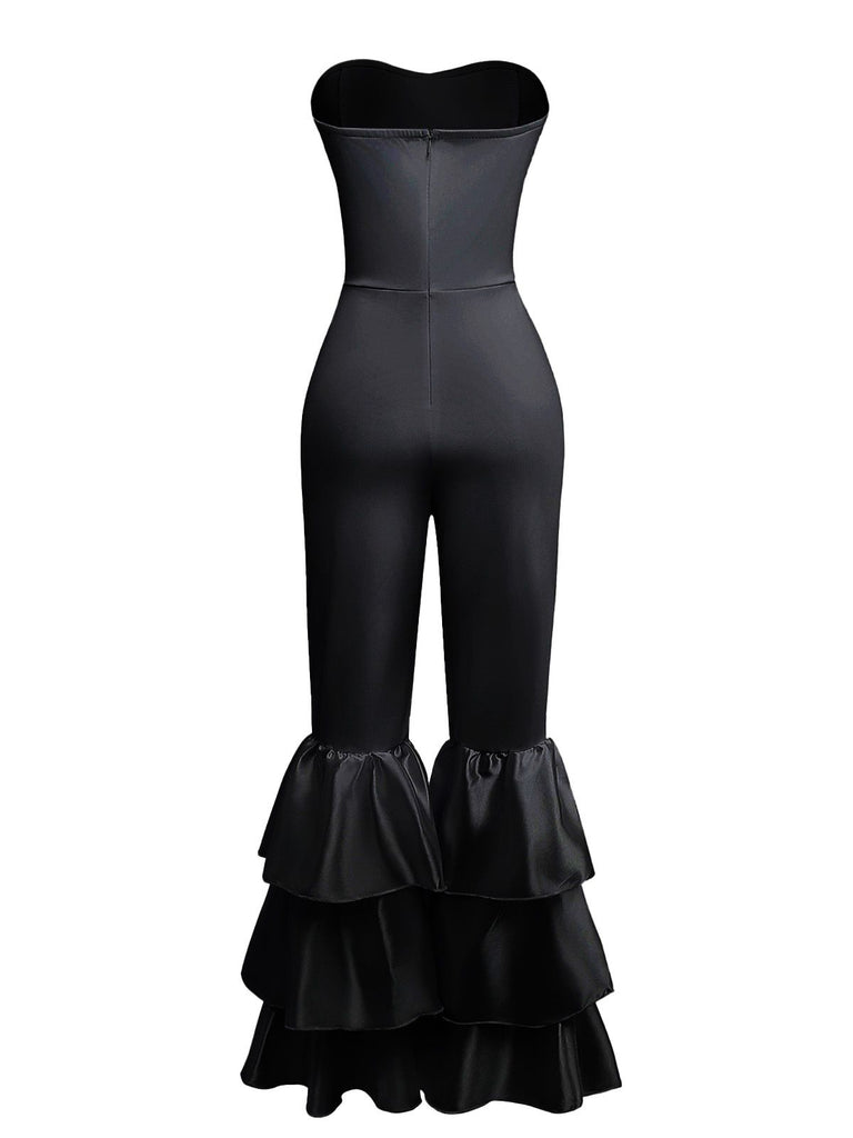 1970s Boho Strapless Solid Pleated Ruffle Jumpsuit