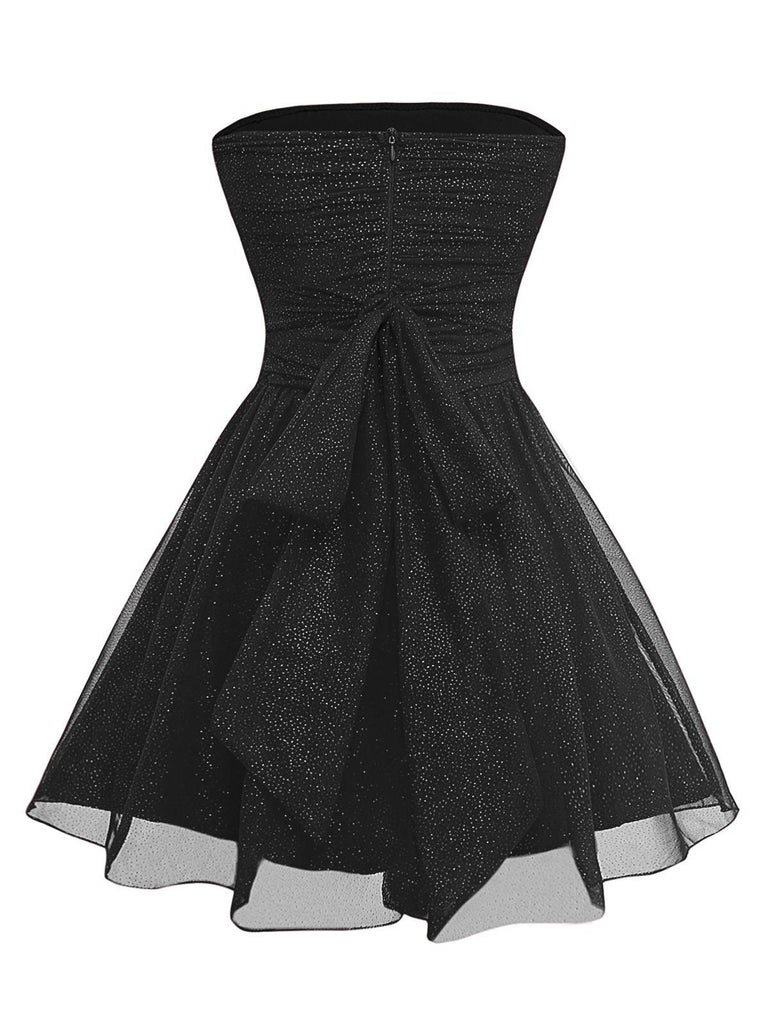 1950s Bandeau Solid Glitter Back Bow Skater Dress