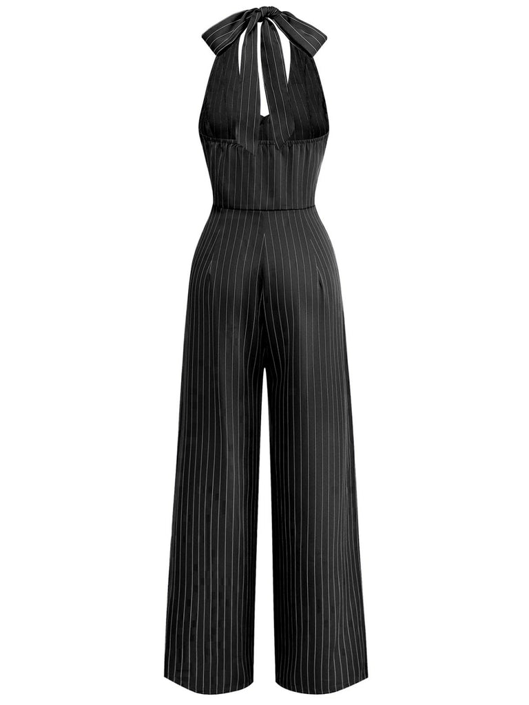 1940s V-Neck Halter Buttoned Pinstripe Jumpsuit