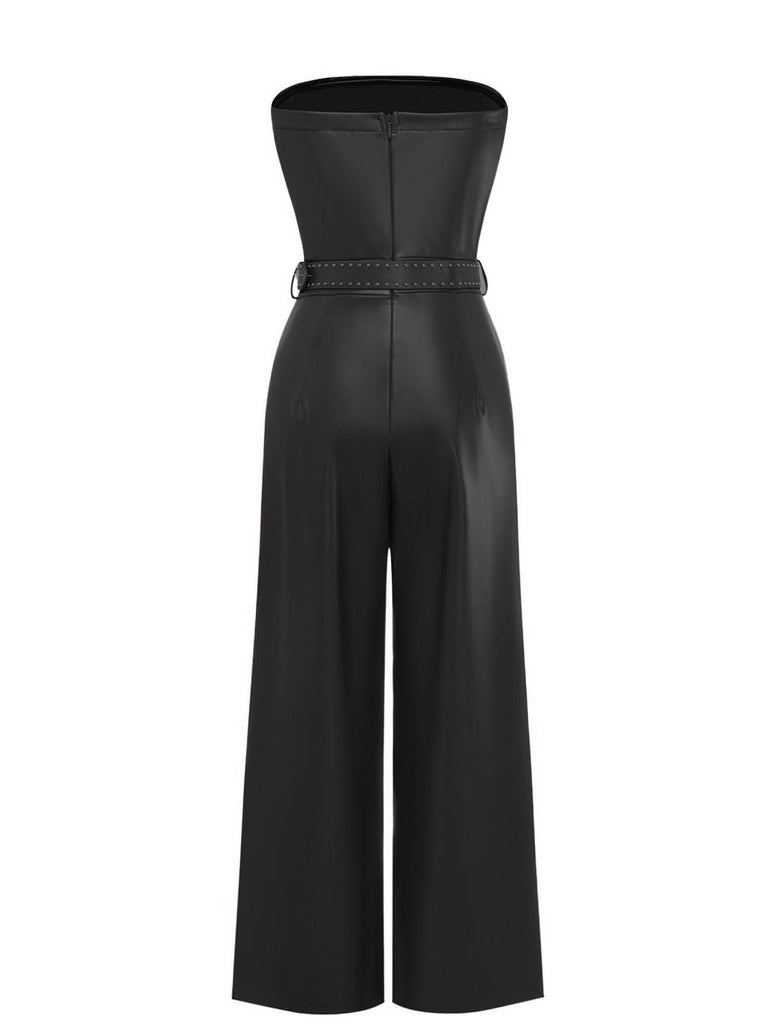 1940s PU Leather Belted Strapless Jumpsuit