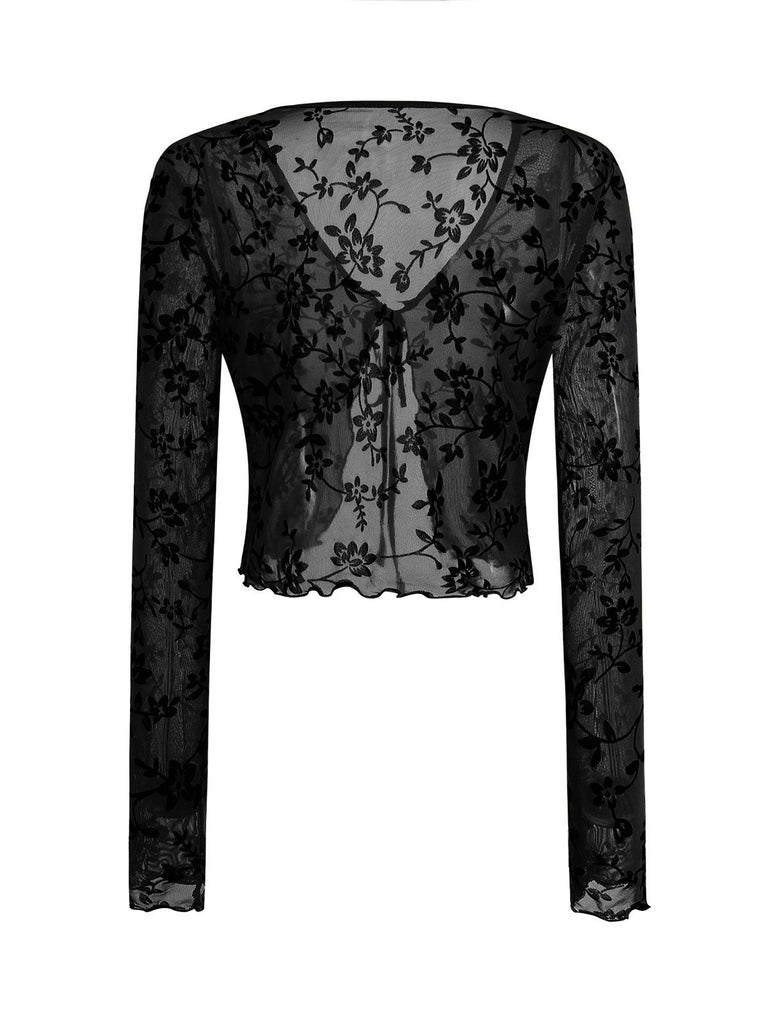 1980s Sheer Botanical Print Lace-Up Cardigan