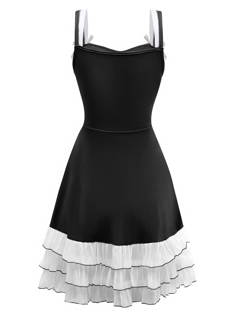 1950s Layered Hem Contrast Bow Strap Dress