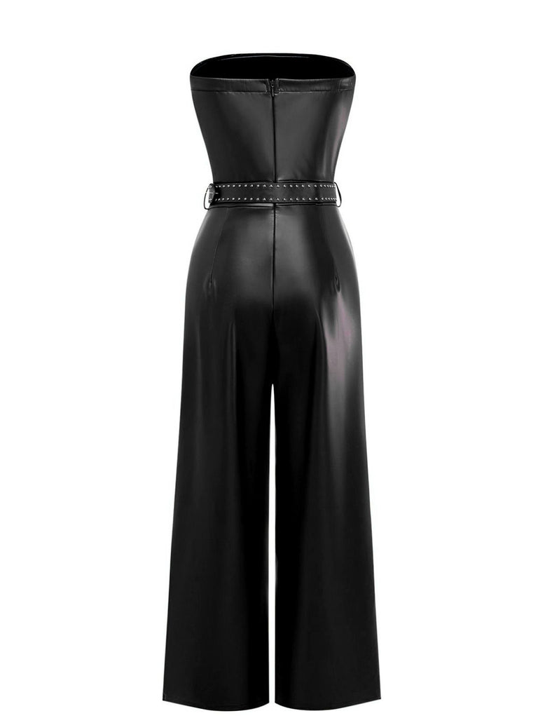 1940s PU Leather Belted Strapless Jumpsuit