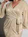 [Plus Size] 1960s Sequined Flare Sleeve Solid Wrap Dress