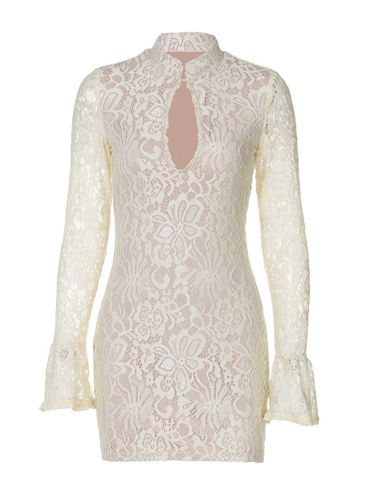 1960s Lace Cutout Bell Sleeves Bodycon Dress