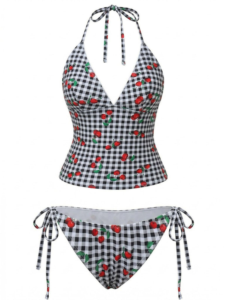 Checkered bikini with cherry pattern on a white background