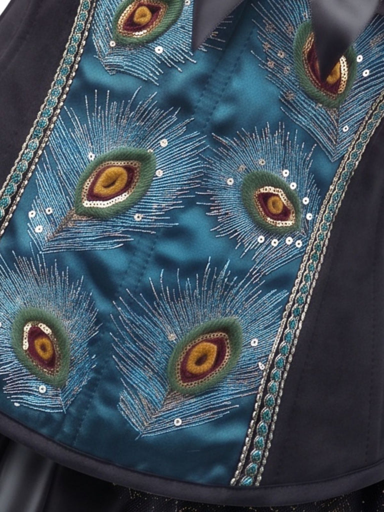 2PCS 1930s Peacock Feather Embroidered Corset & Mesh Pleated Skirt