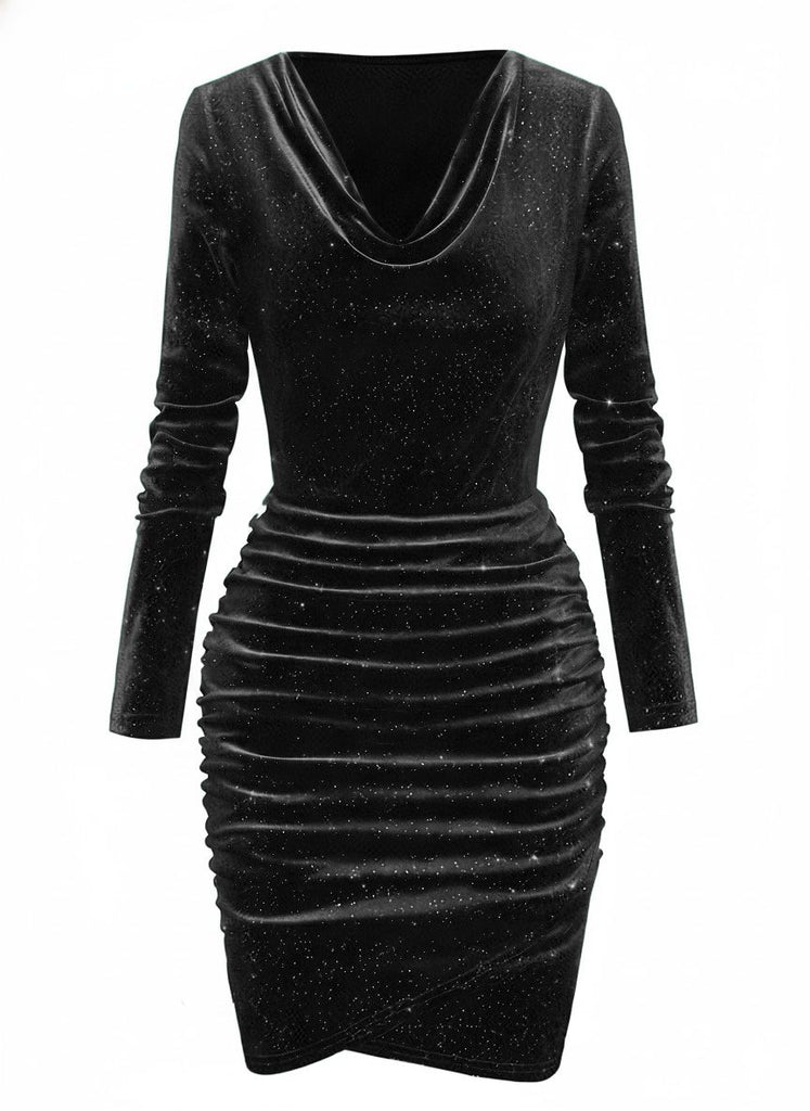 1960s Solid Velvet Long Sleeve Cowl Neck Dress