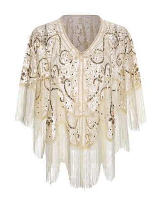 Beige 1920s Sequin Embroidered Fringed Cape - vintage fashion, retro style, elegant red