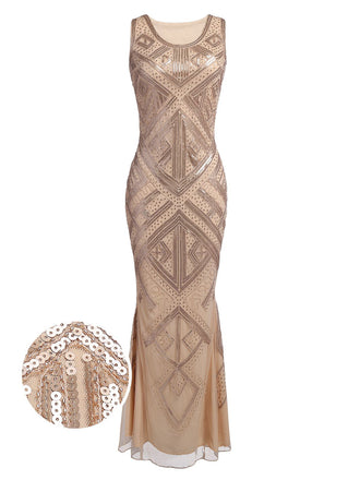 She slips into this Beige 1920s Sequined Maxi Dress and suddenly it's a 1920s daydream