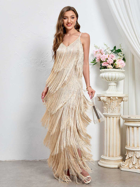 beige tassel dress 1920s Spaghetti Straps Maxi perfect for gala