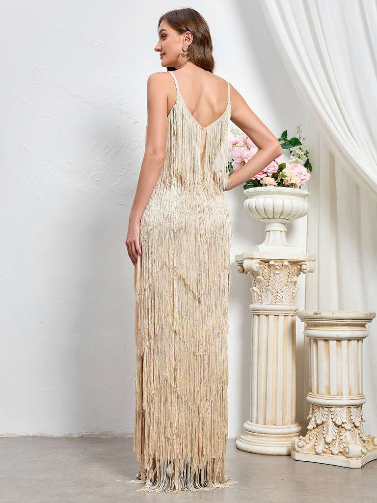 Beige 1920s Tassel Spaghetti Straps Maxi Dress: where 1920s romance meets her modern spirit