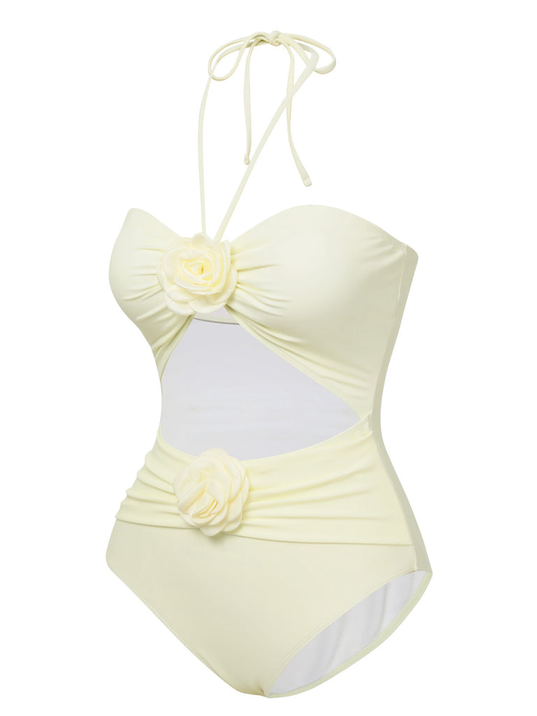Beige 1930s 3D Flowers Halter One-Piece Swimsuit, vintage swimsuit, pin-up swimwear - perfect for women who love vintage and retro fashion