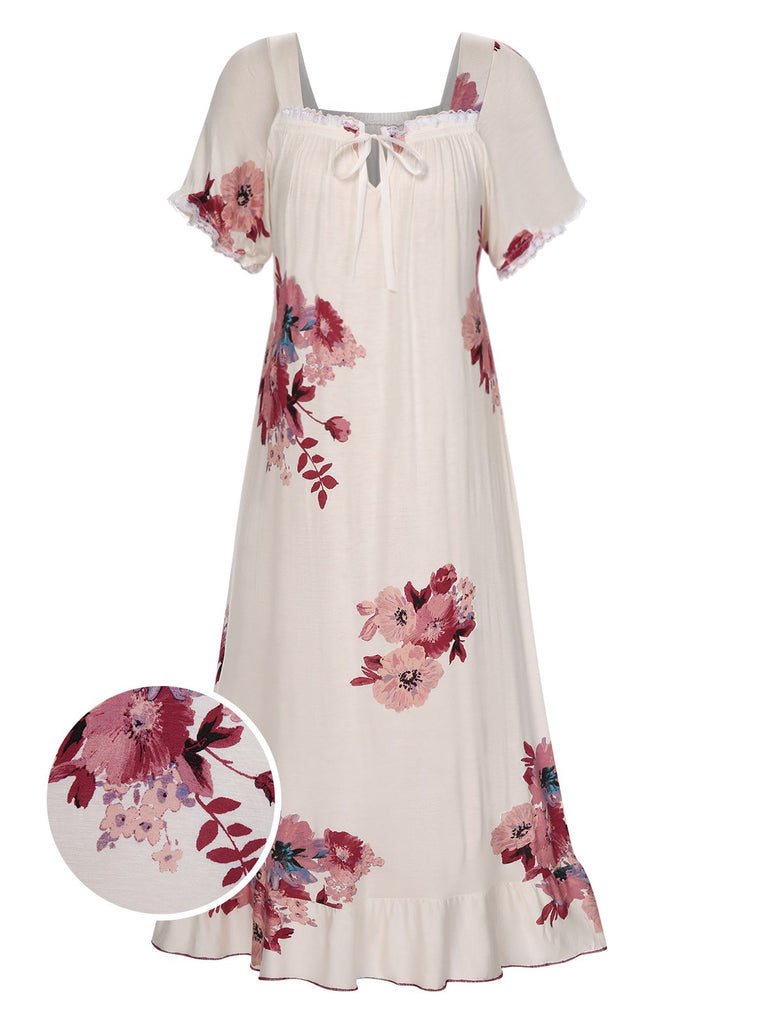Beige 1930s Floral Square Collar Ruffles Puff Nightgowns, vintage fashion, retro style - perfect for women who love vintage and retro fashion