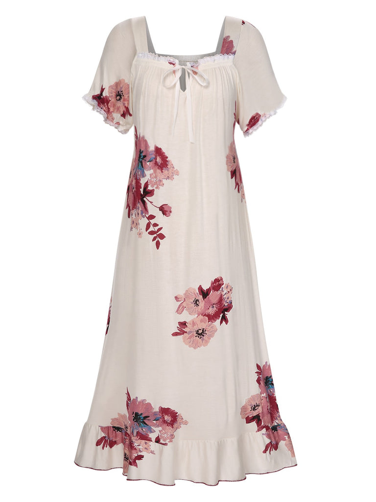 Beige 1930s Floral Square Collar Ruffles Puff Nightgowns, vintage fashion, retro style - perfect for women who love vintage and retro fashion
