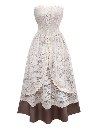 Beige 1930s Halloween Vampire Bride Lace Dress Set - vintage dress, retro fashion