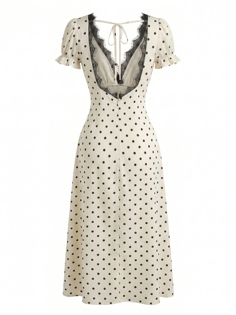 Beige 1930s Satin Polka Dot Lace V-Neck Dress