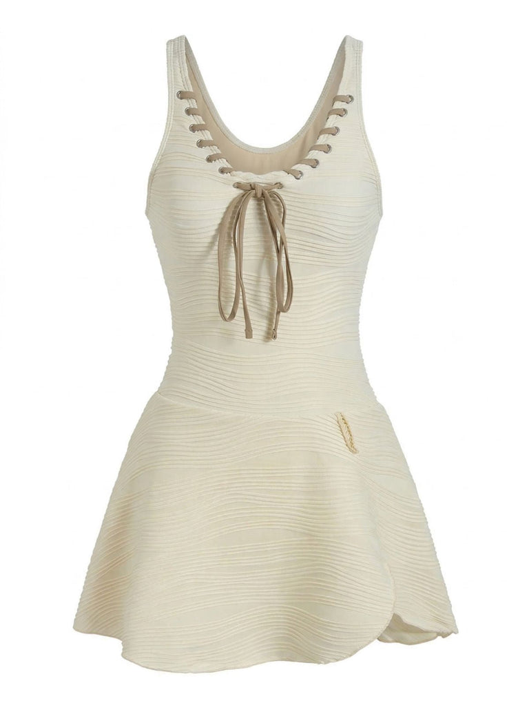 Beige 1930s Solid Lace-Up Swim Dress