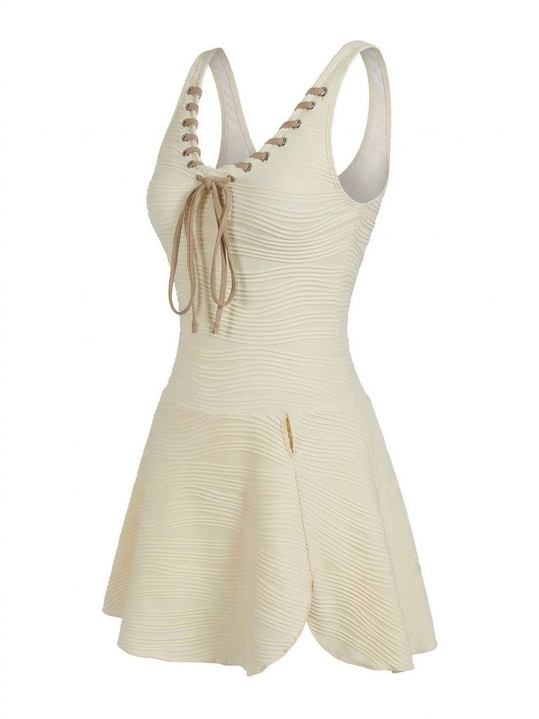 Beige 1930s Solid Lace-Up Swim Dress: beautiful vintage dress, retro fashion, elegant style with timeless appeal