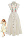 Beige 1940s Floral Puff Sleeve Midi Dress