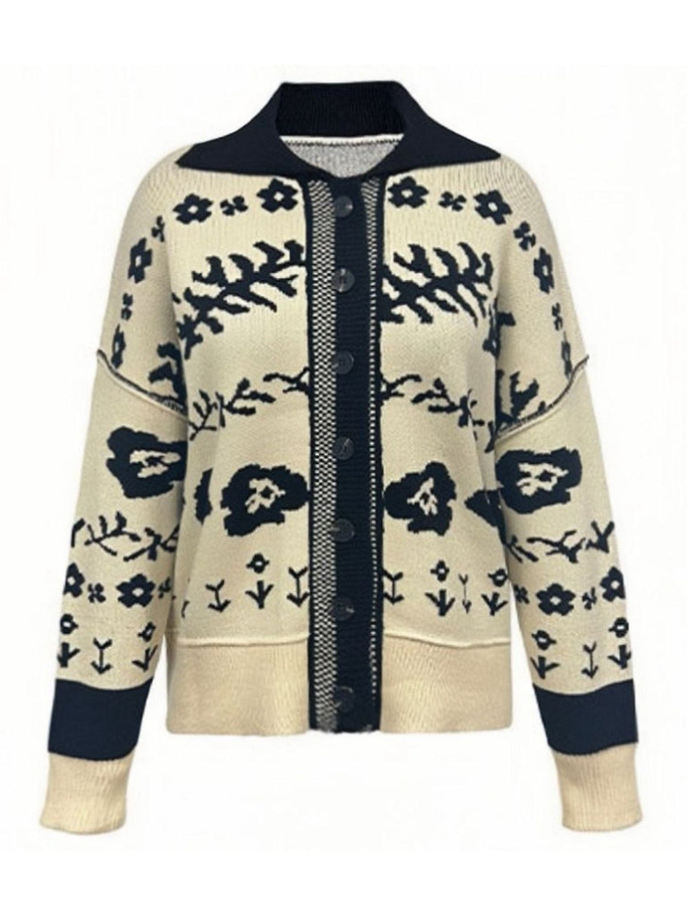 Beige 1940s Floral Drop Shoulder Knit Cardigan - vintage fashion, retro style