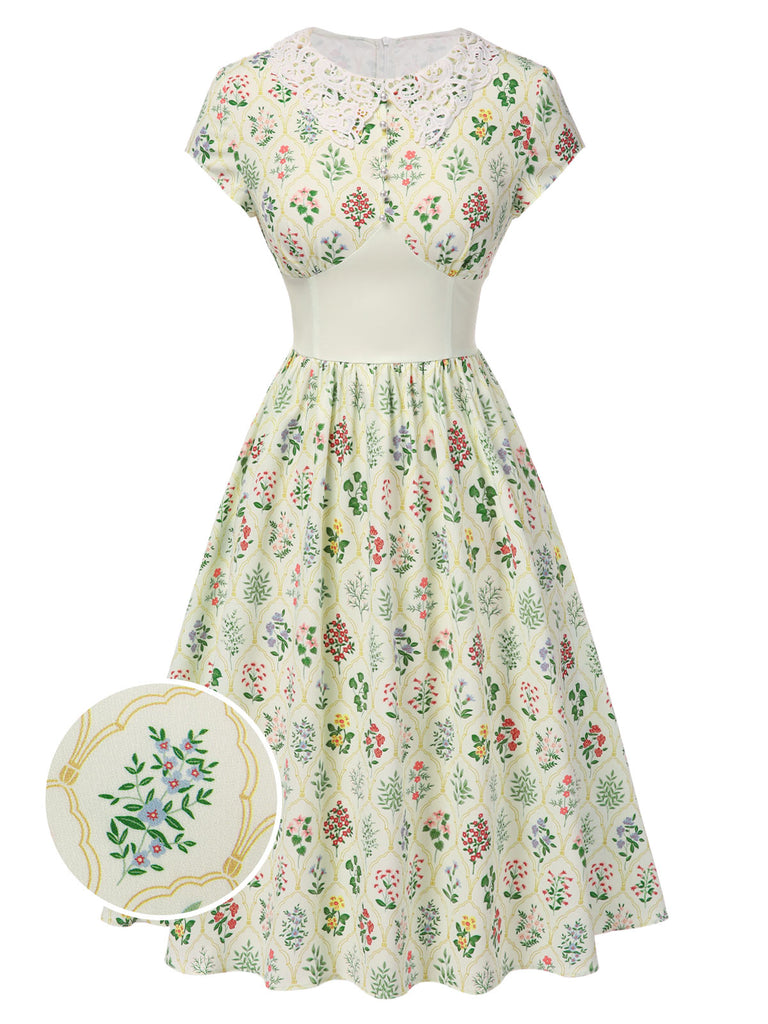 Vintage Floral Lace Collar Cap Sleeve Midi Dress in Beige