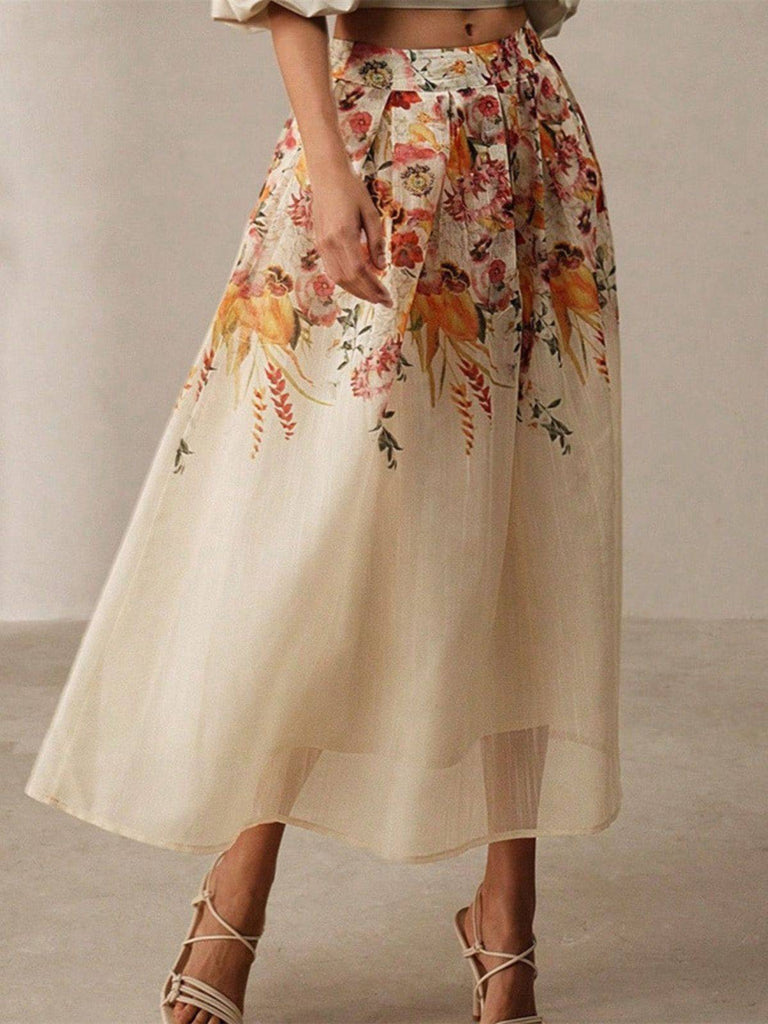 Beige 1940s Floral Mesh Patchwork Skirt - vintage skirt, retro style