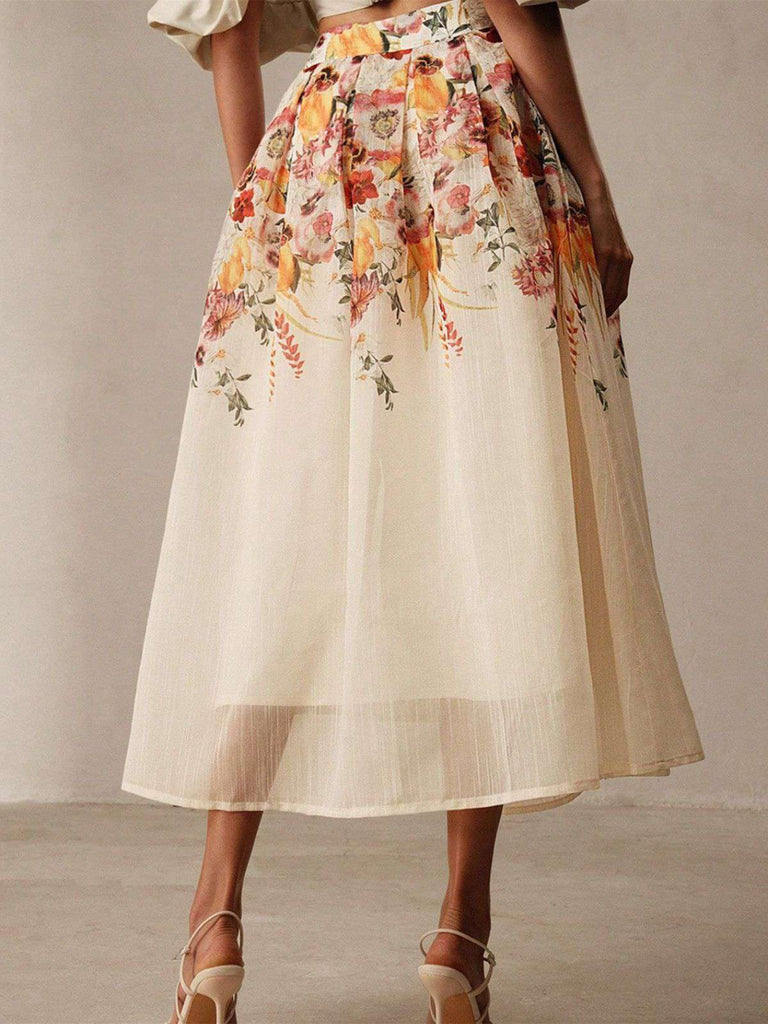 Beige 1940s Floral Mesh Patchwork Skirt - vintage skirt, retro style