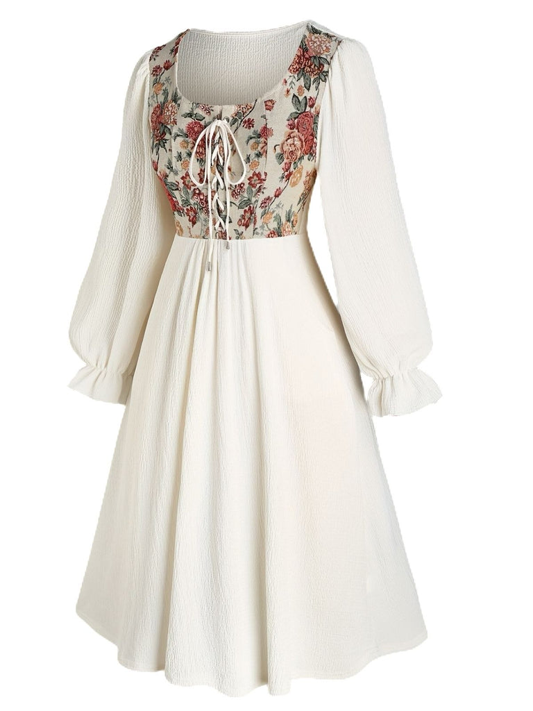Beige 1940s Floral Ruffle Sleeve Patchwork Dress - vintage dress, retro fashion
