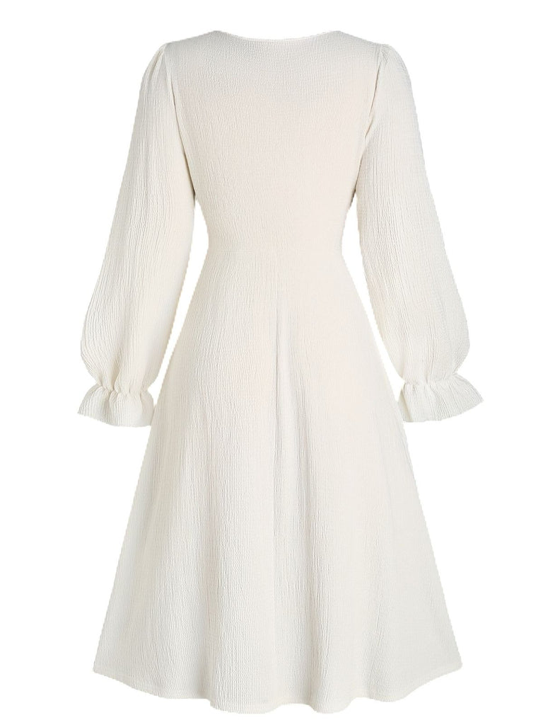 Beige 1940s Floral Ruffle Sleeve Patchwork Dress - vintage dress, retro fashion