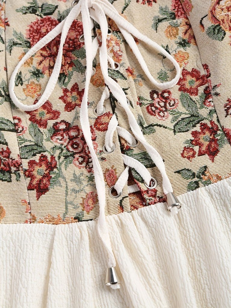 Beige 1940s Floral Ruffle Sleeve Patchwork Dress - vintage dress, retro fashion