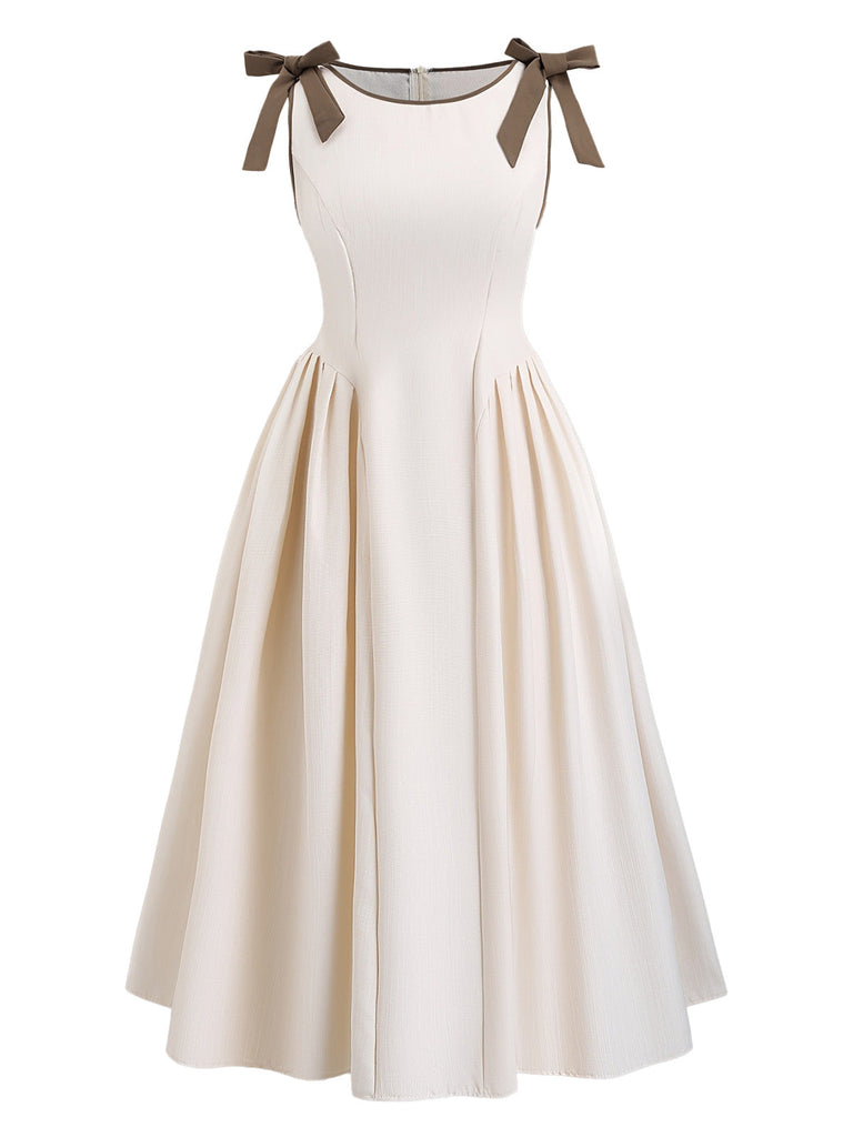 Plus Size Beige Solid Lace-Up Sleeveless Dress