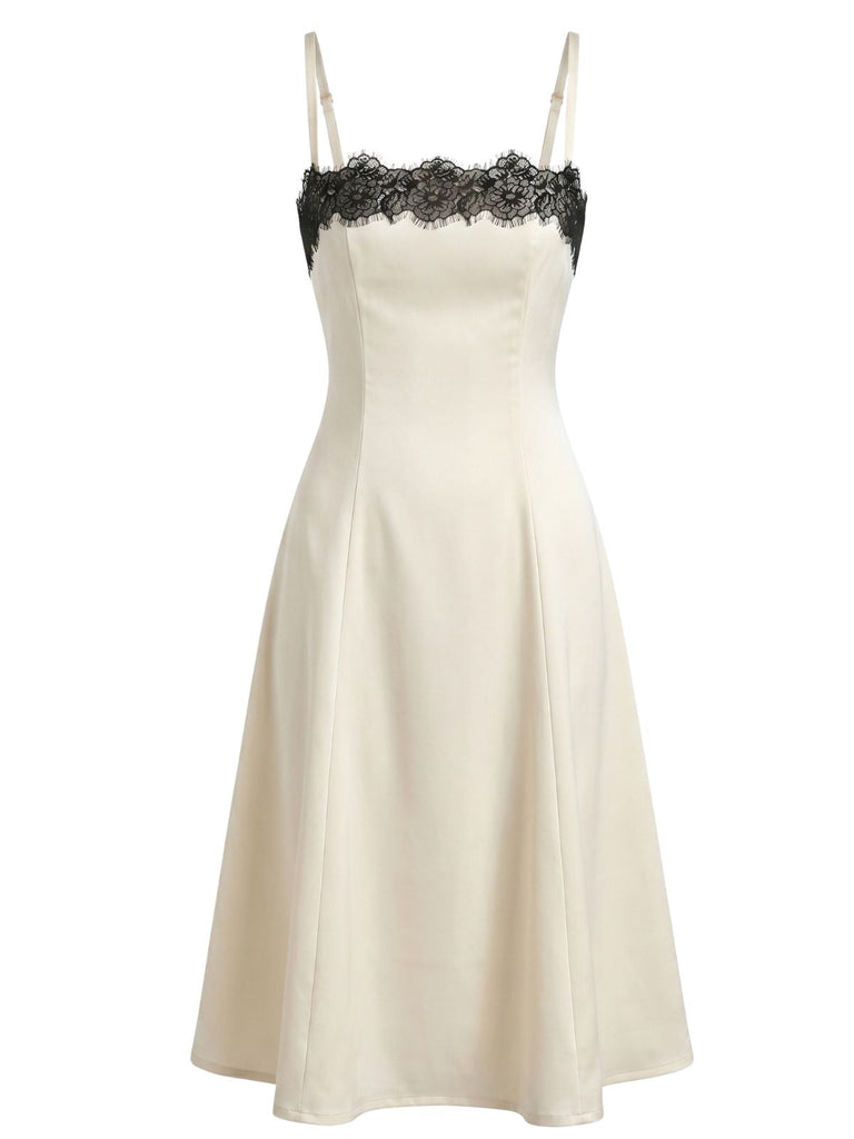 Beige 1940s Lace Off Shoulder Spaghetti Strap Dress, vintage dress, retro fashion, lace detail - perfect for women who love vintage and retro fashion